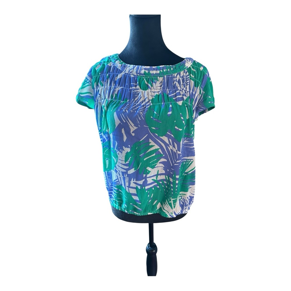 Loft Women's Georgette Blouse SP Tropical Print Cap Sleeve Sheer Blue Green Top